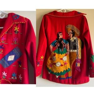 Vintage 40s 50s Red Mexican Souvenir Tourist Jacket WoolFelt Novelty Embroidered